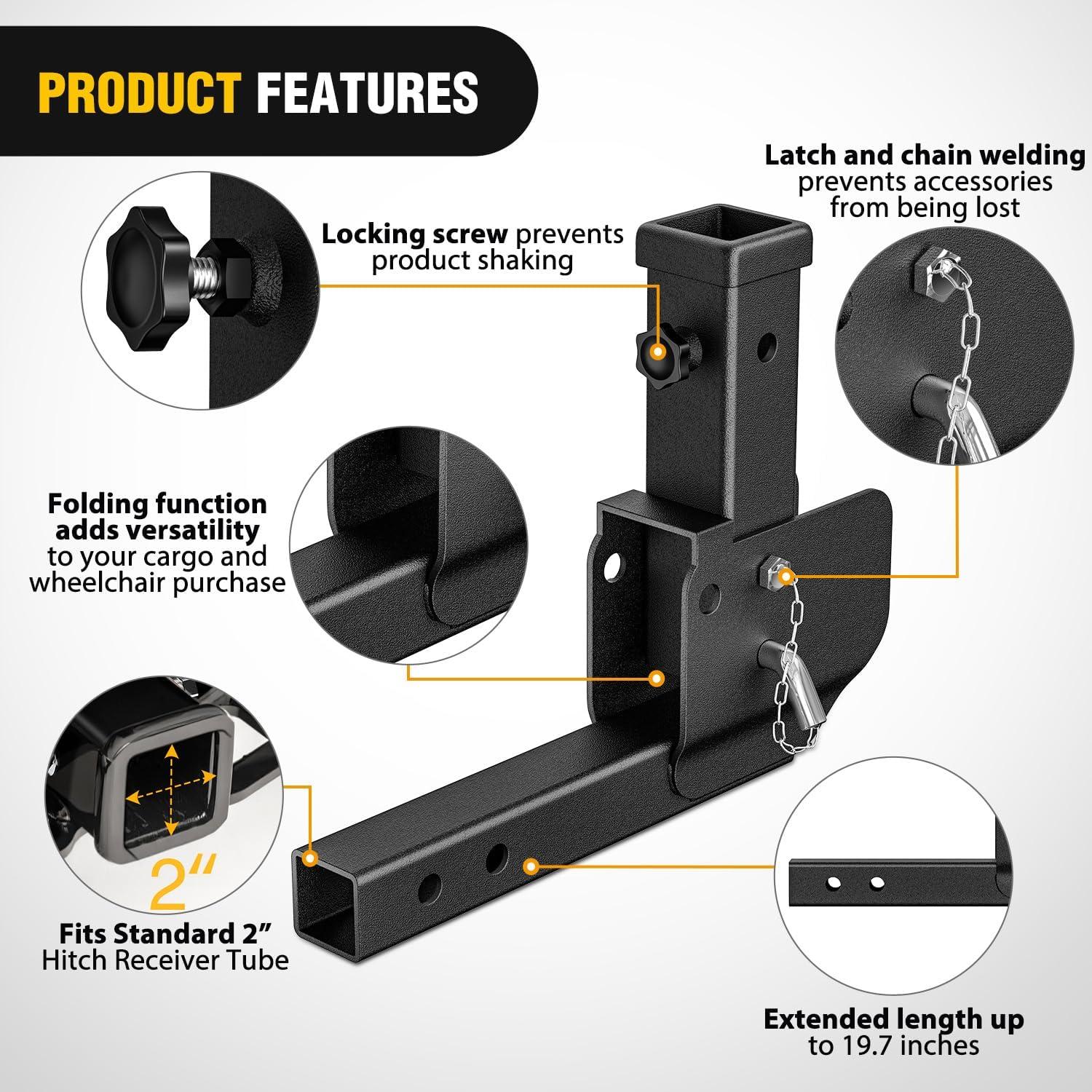 image:imageNilight Trailer Hitch Receiver Extender Adapter Reducer 114 to 2Inch Hitch Adapter 612 inch Extension Sleeve Convertor 350Lbs with 12Inch Diameter Pin and Clip with 58Inch Adapter2 Trailer Hitch Folding Extender