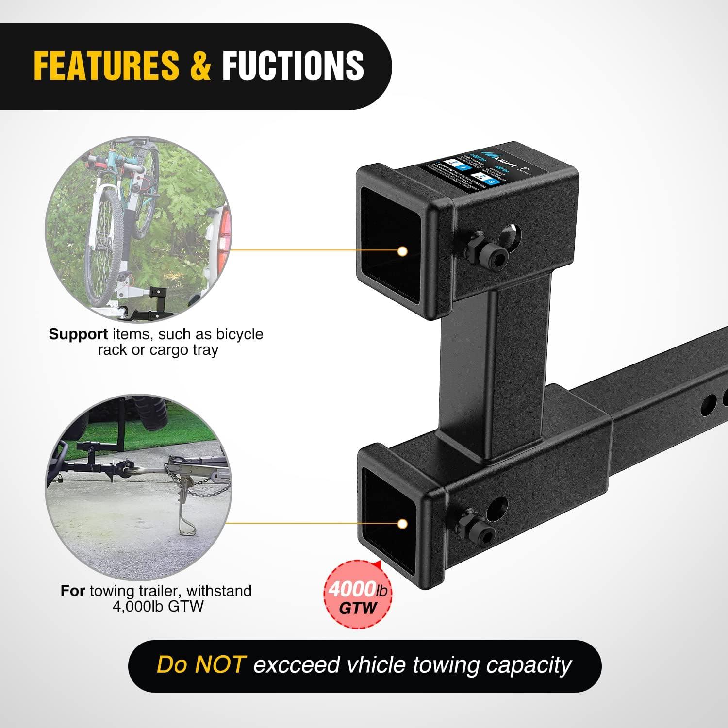 image:imageNilight Trailer Hitch Receiver Extender Adapter Reducer 114 to 2Inch Hitch Adapter 612 inch Extension Sleeve Convertor 350Lbs with 12Inch Diameter Pin and Clip with 58Inch Adapter2 Dual Hitch Extender wStabilizer