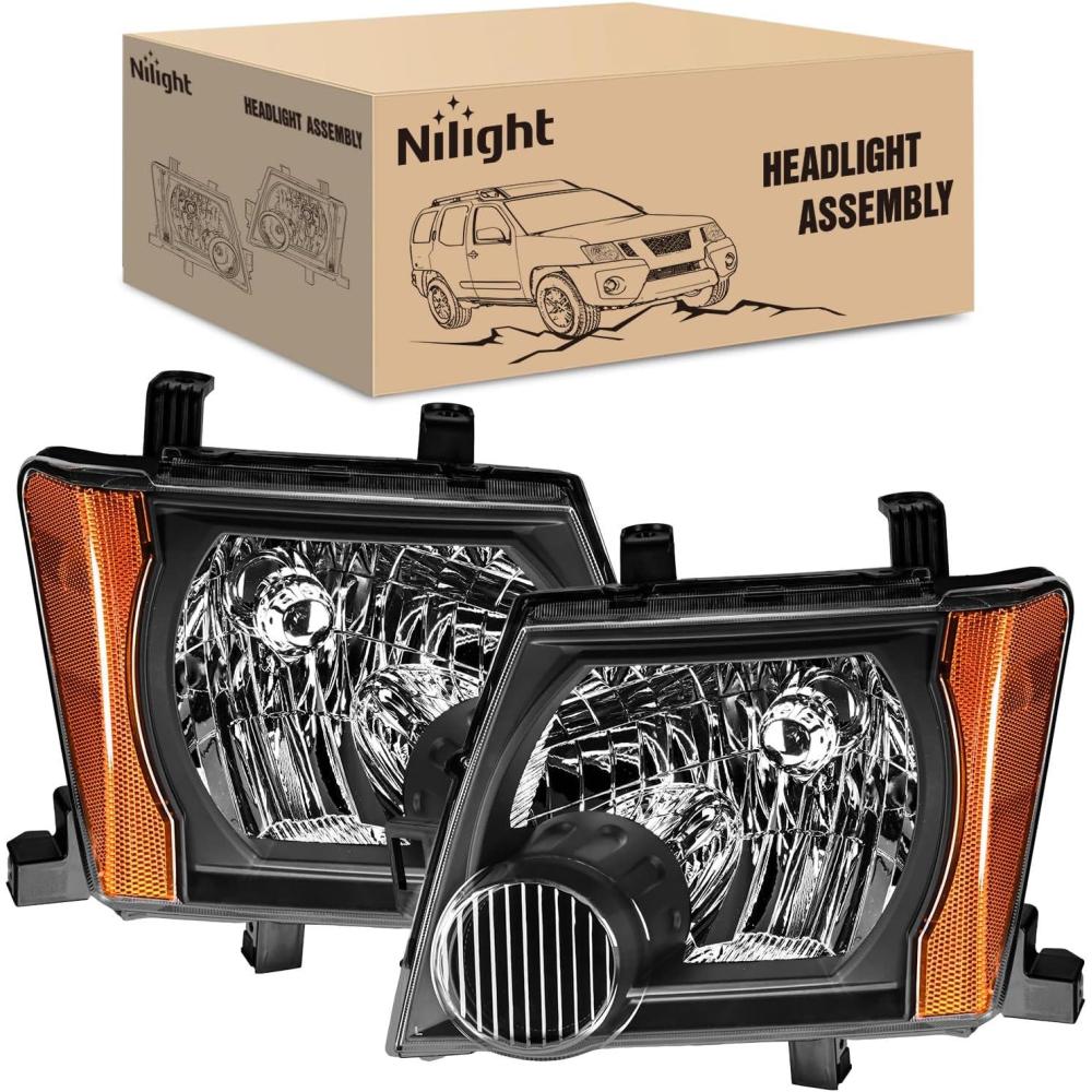 image:imageNilight Headlight Assembly Compatible with 2005 2006 2007 2008 2009 2010 2011 2012 2013 2014 2015 Nissan Xterra OE Style Replacement Black Housing Amber Reflector Headlamp Passenger and Driver Side