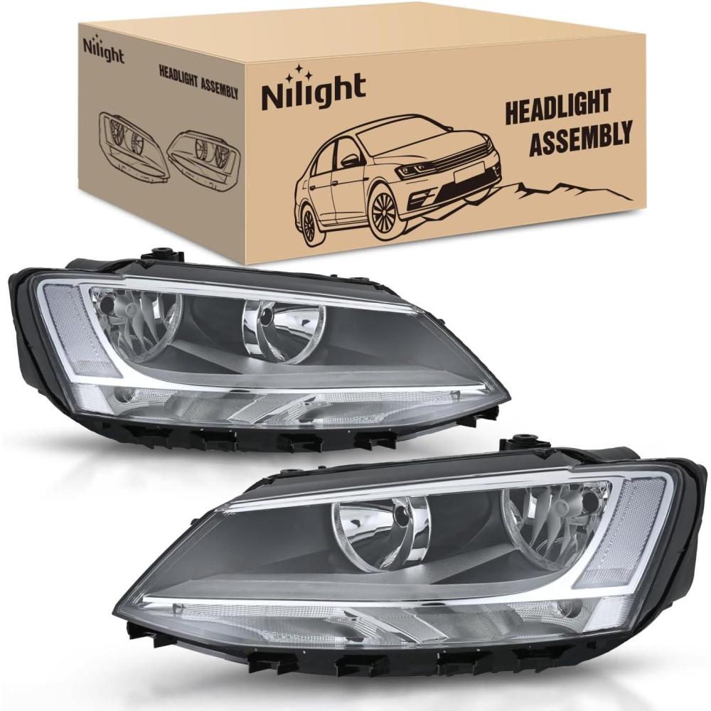 image:imageNilight Headlight Assembly Compatible with 2011 2012 2013 2014 2015 2016 2017 2018 Volkswagen Jetta MK6 OE Style Replacement Chrome Housing Clear Reflector Halogen Headlamps Driver and Passenger Side