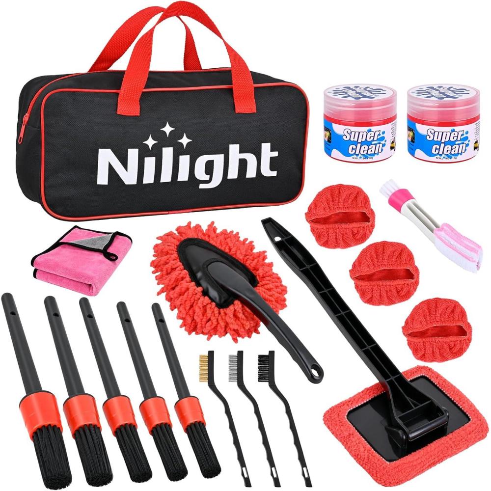 image:imageNilight 15PCS Car Detailing Kit Auto Cleaning Tools Wash Set with Storage Carry Bag Beginners Easy to Use for Interior Exterior Car Care Clean Windshield Dashboard Seat Air Vents Wheels Tires Blue15PCS Set Red