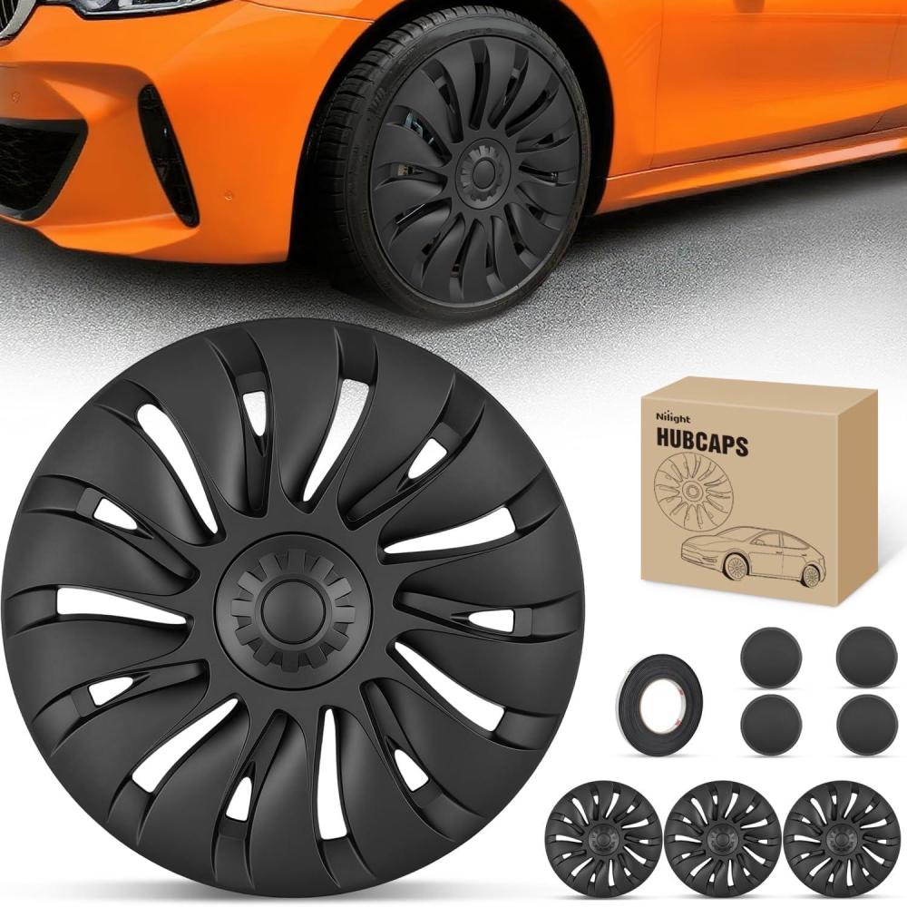 image:imageNilight Wheel Cover Hubcaps 19 Inch for Tesla Model Y Accessories 2021 2022 2023 2024 Tesla Model Y 19 Inch Hub caps Set of 4 Rim Protector Wheel Covers Replacement MultiSpoke Lines Style Matt BlackFor Tesla Model Y 2124 Uberturbine Style
