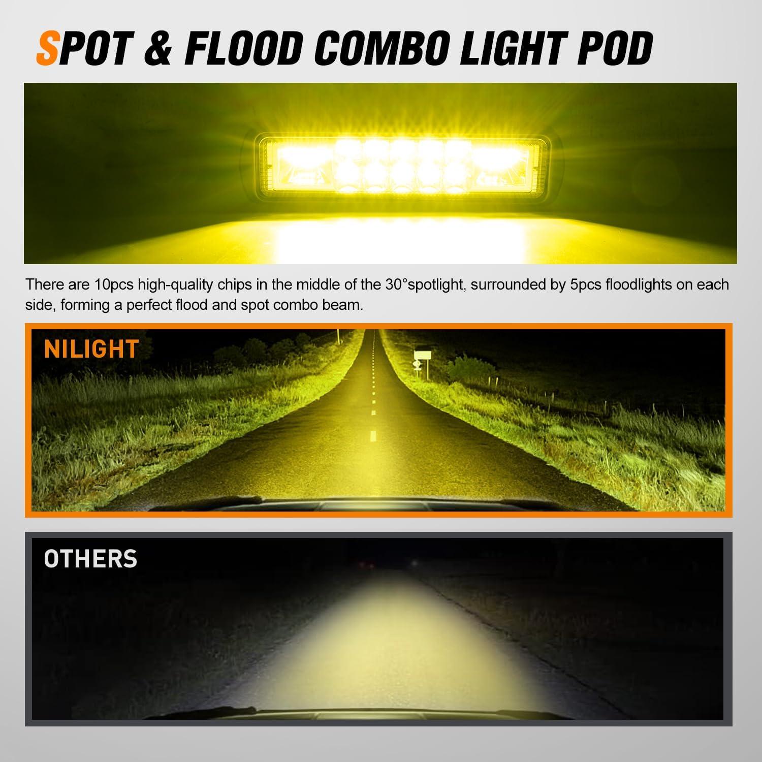image:imageNilight 6 Inch Purple LED Light Pods 2 PCS 60W Flood Spot Combo Beam Off Road Driving Decoration Neon Hunting Lighting for 12V 24V ATV UTV Pickup Truck Tractor60W Led Pods 2Pcs Yellow