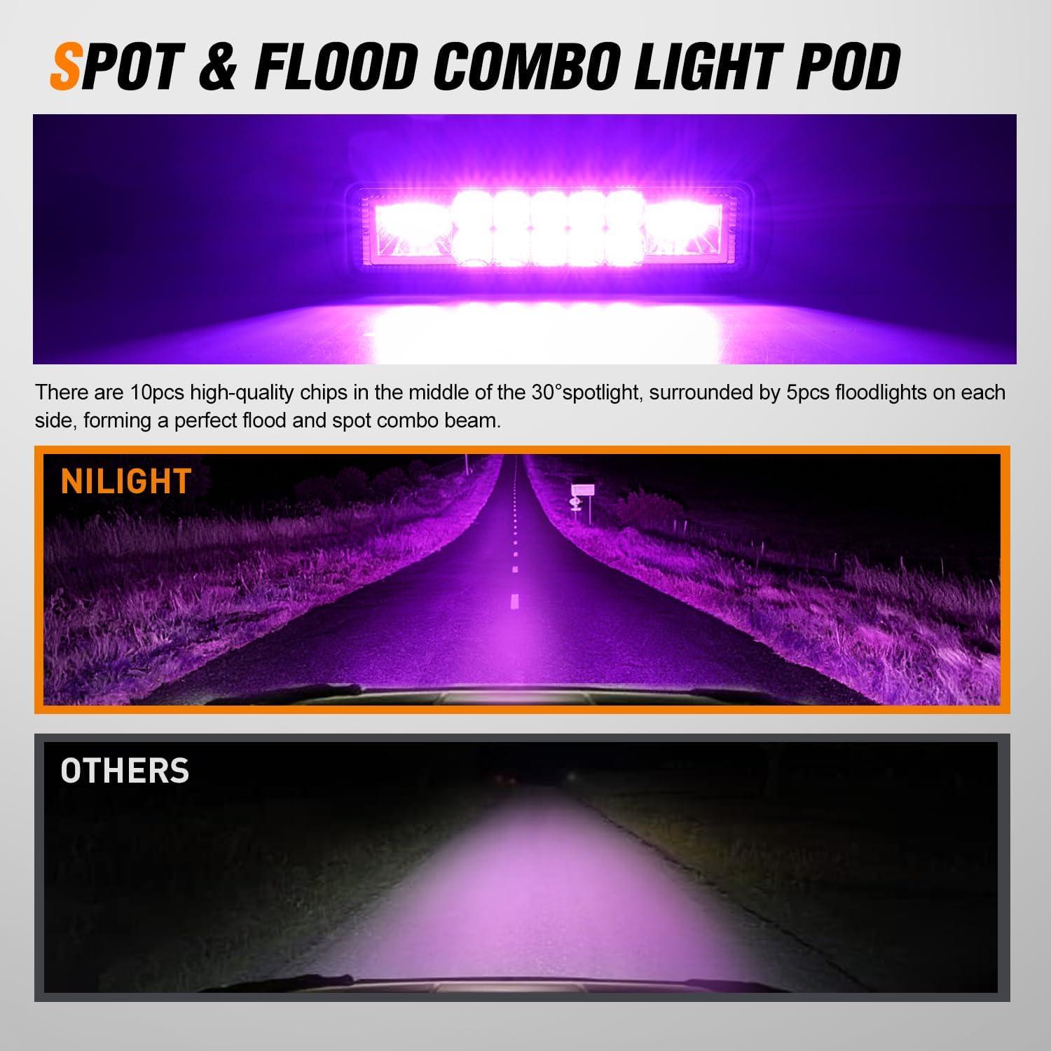 image:imageNilight 6 Inch Purple LED Light Pods 2 PCS 60W Flood Spot Combo Beam Off Road Driving Decoration Neon Hunting Lighting for 12V 24V ATV UTV Pickup Truck Tractor60W Led Pods 2Pcs Purple