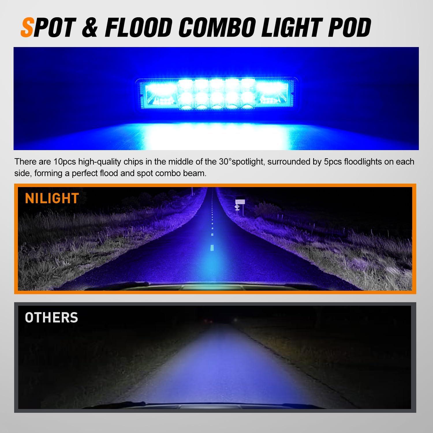 image:imageNilight 6 Inch Purple LED Light Pods 2 PCS 60W Flood Spot Combo Beam Off Road Driving Decoration Neon Hunting Lighting for 12V 24V ATV UTV Pickup Truck Tractor60W Led Pods 2Pcs Blue