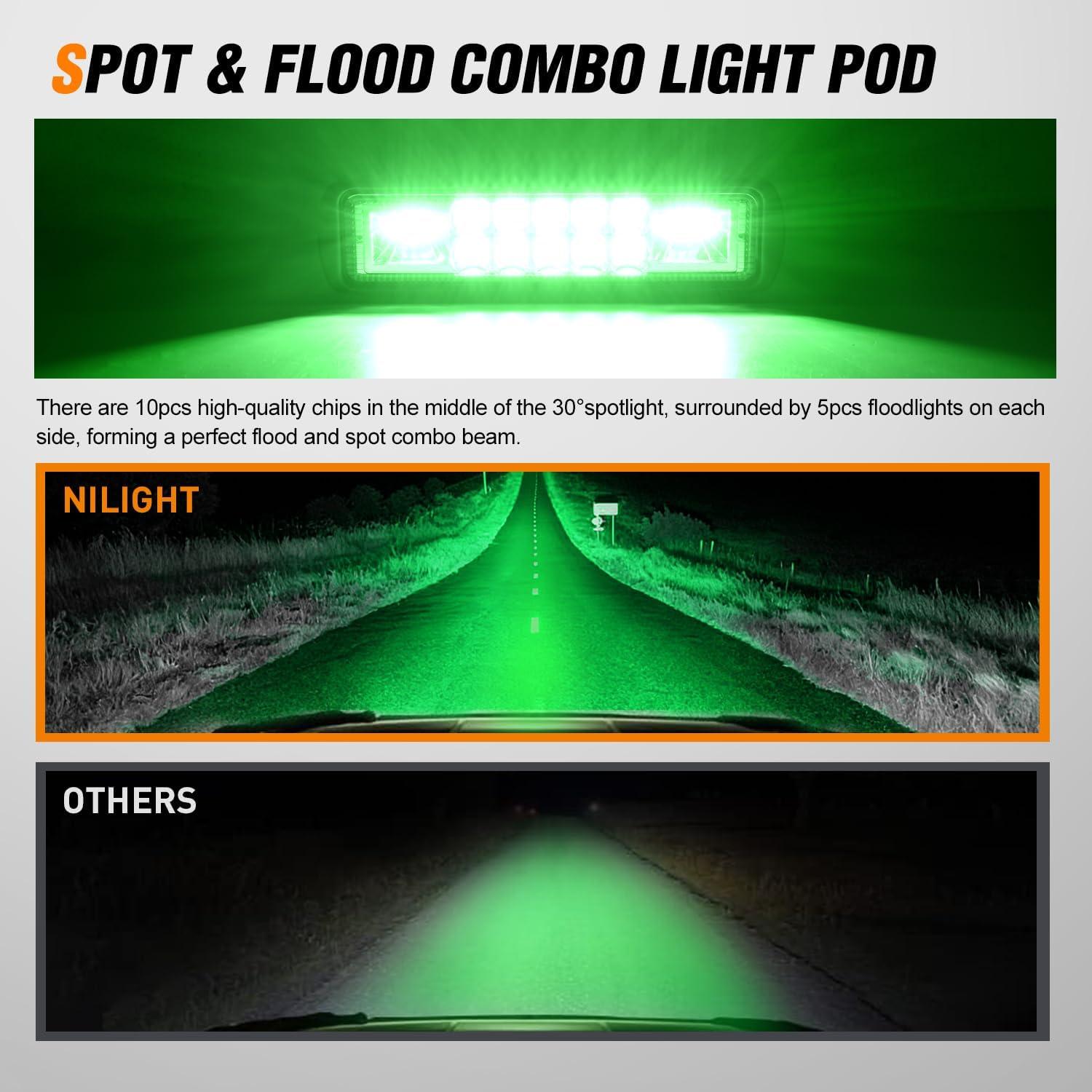 image:imageNilight 6 Inch Purple LED Light Pods 2 PCS 60W Flood Spot Combo Beam Off Road Driving Decoration Neon Hunting Lighting for 12V 24V ATV UTV Pickup Truck Tractor60W Led Pods 2Pcs Green