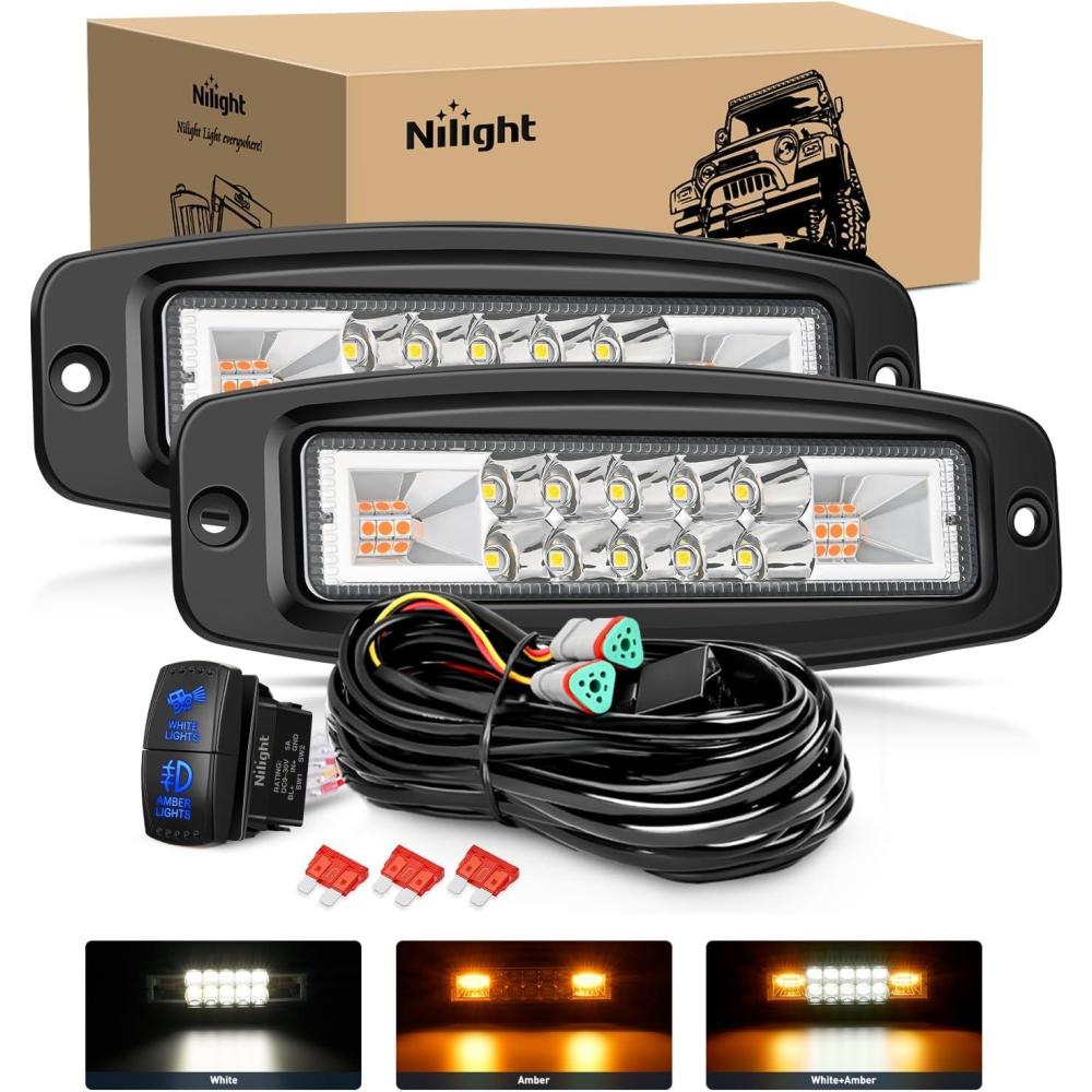 image:imageNilight 6 Inch Purple LED Light Pods 2 PCS 60W Flood Spot Combo Beam Off Road Driving Decoration Neon Hunting Lighting for 12V 24V ATV UTV Pickup Truck Tractor60W Led Pods 2Pcs Amber White Flush Mount