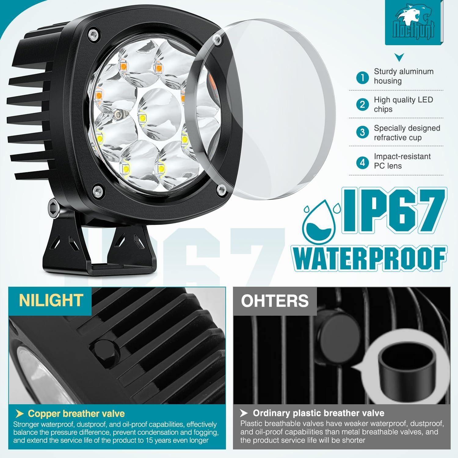 image:imageNilight Led Offroad Lights 2PCS 4Inch 10LED Round Driving Light Spot White Beam Super Bright with 16AWG Wiring Harness Kit for Truck Pickup SUV ATV UTV Motorcycle 4x4 CarAmber White 4Inch 9Led Light Pods Wiring Kit