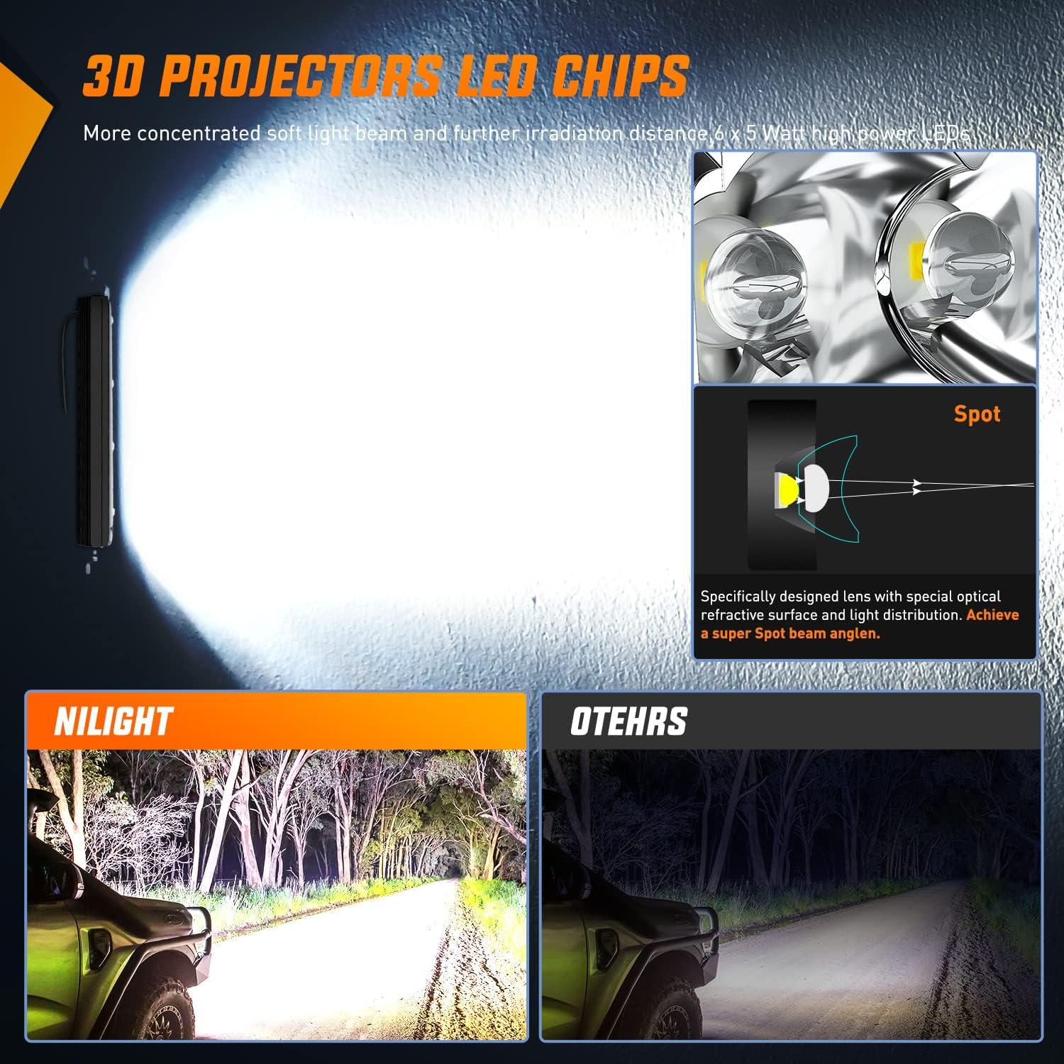 image:imageNilight Slim LED Light Bar 2Pcs 7 Inch 16LED Single Row Spot Flood Combo Blue Off Road Driving Fog Fishing Hunting Emergency Safety Signal Lighting for 12V 24V ATV UTV Pickup Truck Tractor BoatWhite 30W Spot