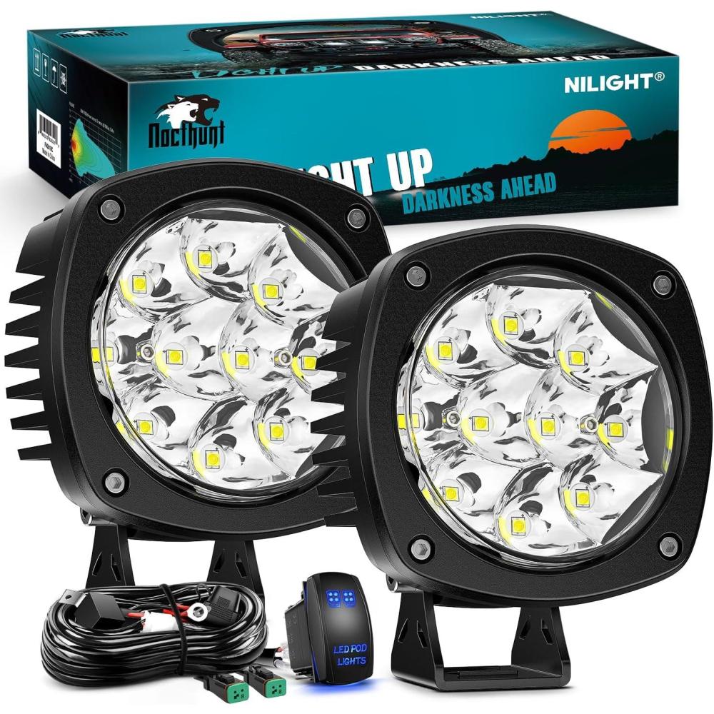image:imageNilight Led Offroad Lights 2PCS 4Inch 10LED Round Driving Light Spot White Beam Super Bright with 16AWG Wiring Harness Kit for Truck Pickup SUV ATV UTV Motorcycle 4x4 CarWhite 4Inch 9Led Light Pods Wiring Kit