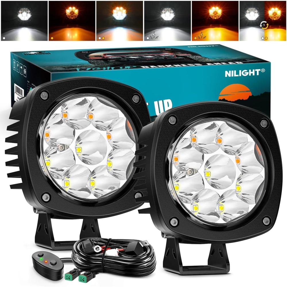 image:imageNilight Led Offroad Lights 2PCS 4Inch 10LED Round Driving Light Spot White Beam Super Bright with 16AWG Wiring Harness Kit for Truck Pickup SUV ATV UTV Motorcycle 4x4 CarAmber White 4Inch 9Led Light Pods Wiring Kit