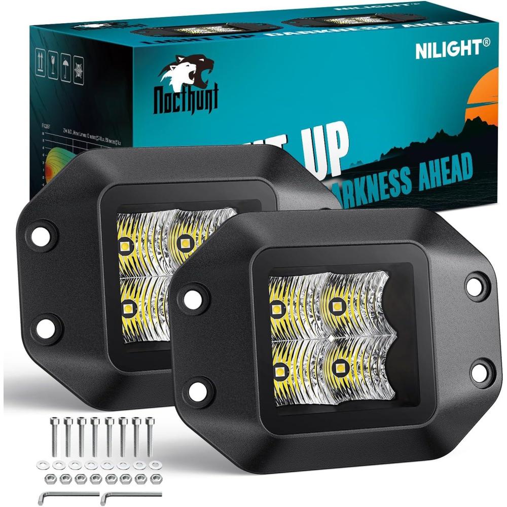 image:imageNilight Motorcycle LED Pods 2 PCS 45 Inch 30 W Flood Beam Square Driving Work Offroad Side Ditch Lights Builtin EMC for Tractor Truck Motorbike Boat ATV47Inch 4Led Flush Mount Light
