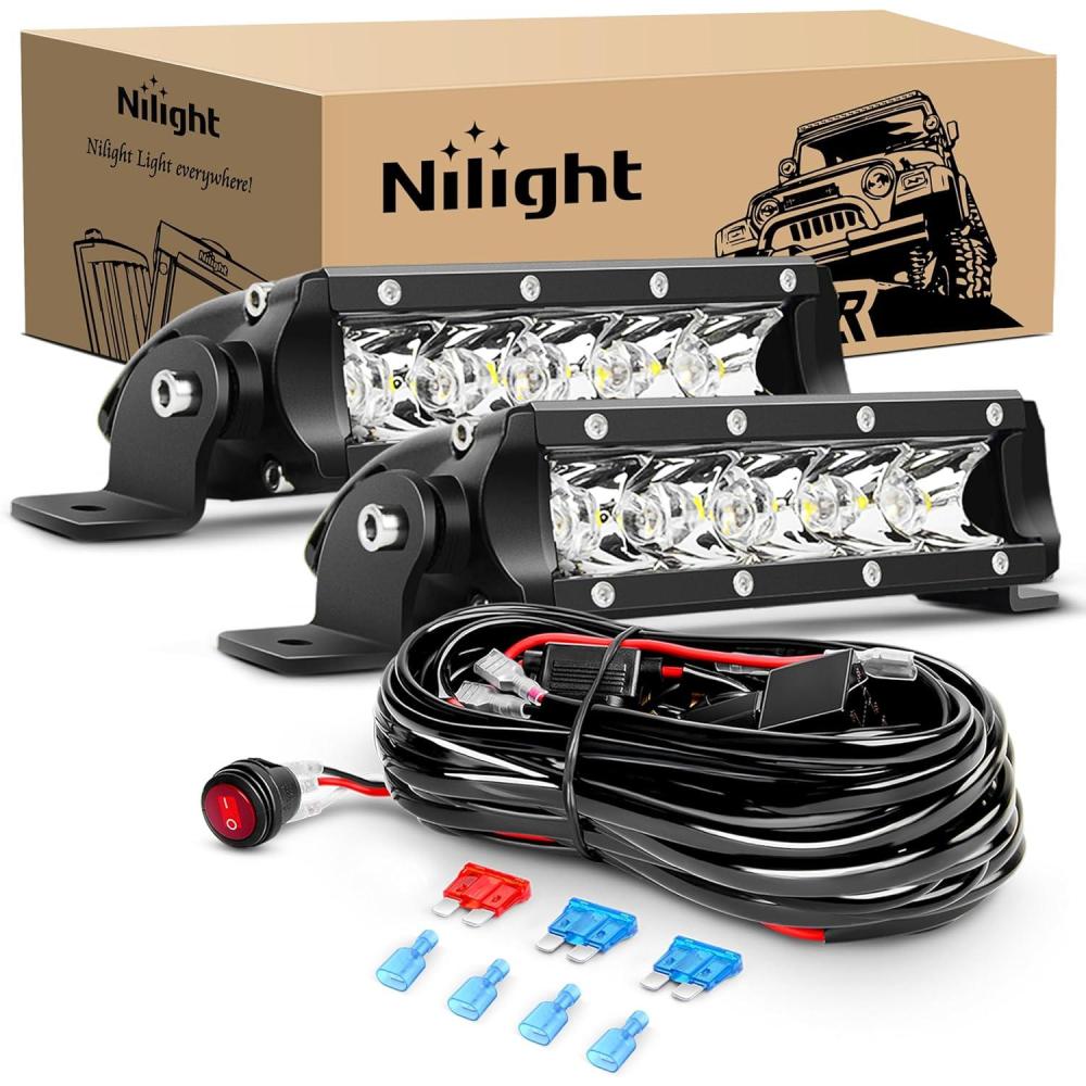image:imageNilight Slim LED Light Bar 2Pcs 7 Inch 16LED Single Row Spot Flood Combo Blue Off Road Driving Fog Fishing Hunting Emergency Safety Signal Lighting for 12V 24V ATV UTV Pickup Truck Tractor BoatWhite 30W Spot
