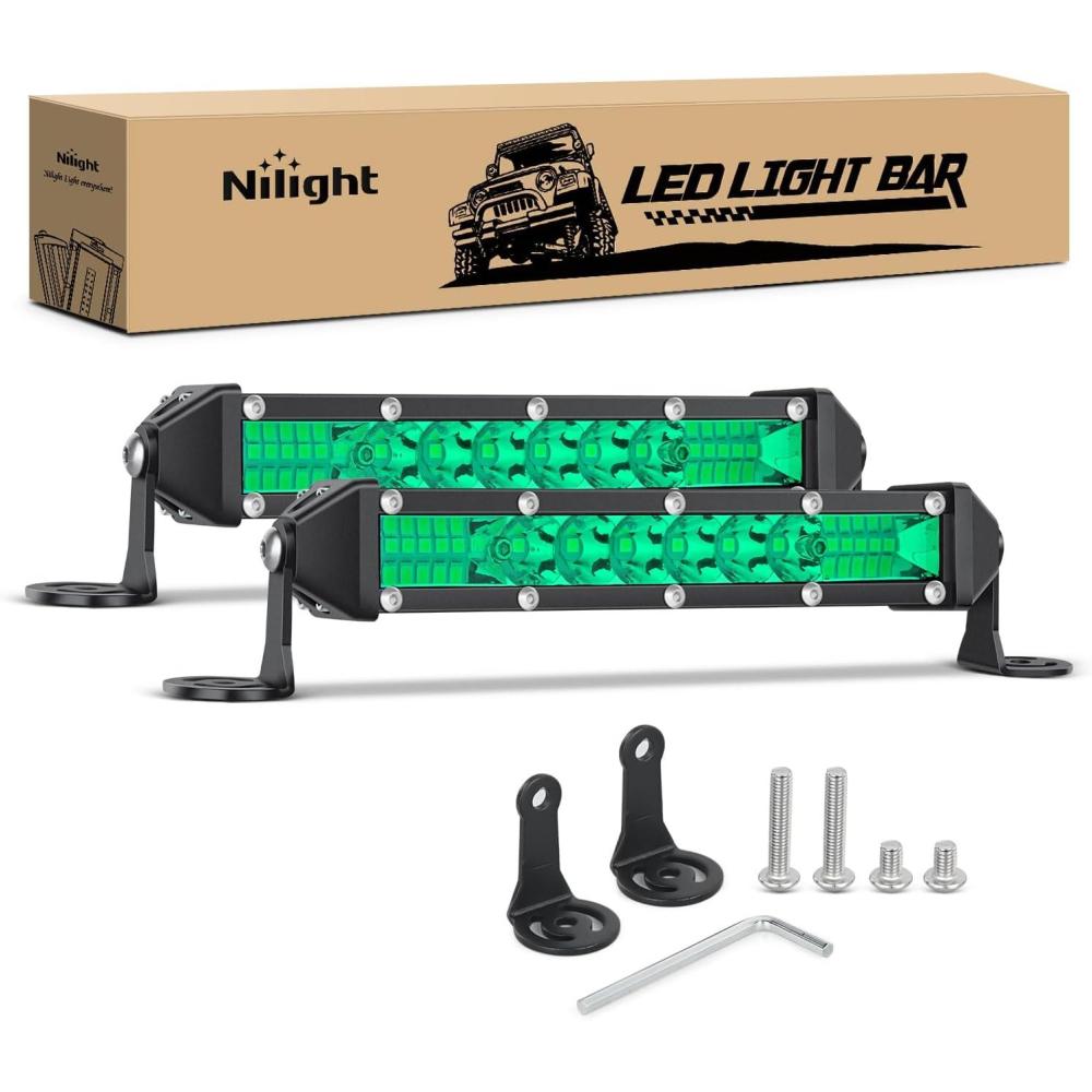 image:imageNilight Slim LED Light Bar 2Pcs 7 Inch 16LED Single Row Spot Flood Combo Blue Off Road Driving Fog Fishing Hunting Emergency Safety Signal Lighting for 12V 24V ATV UTV Pickup Truck Tractor BoatGreen 7Inch 16LED 2Pcs