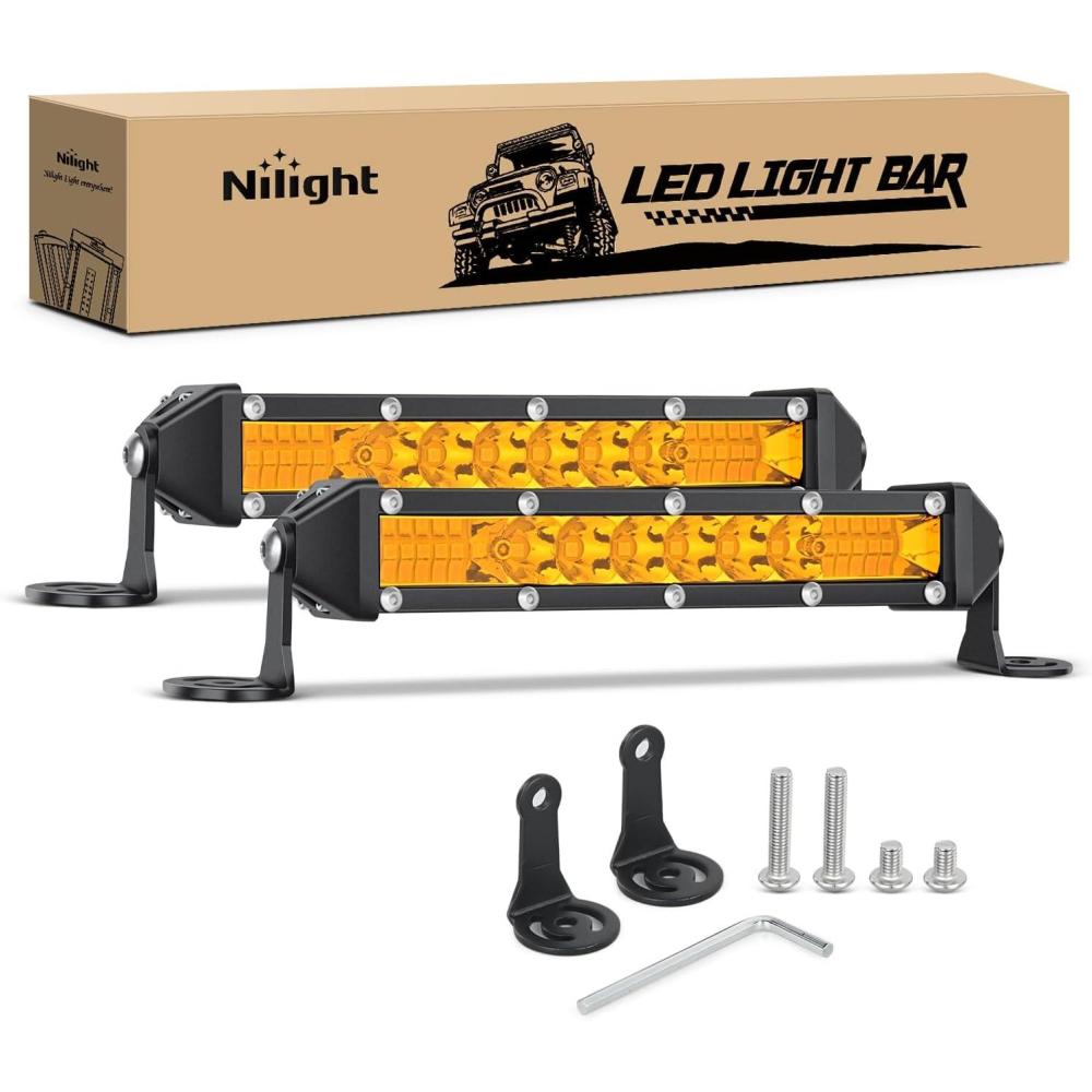 image:imageNilight Slim LED Light Bar 2Pcs 7 Inch 16LED Single Row Spot Flood Combo Blue Off Road Driving Fog Fishing Hunting Emergency Safety Signal Lighting for 12V 24V ATV UTV Pickup Truck Tractor BoatAmber 7Inch 16LED 2Pcs