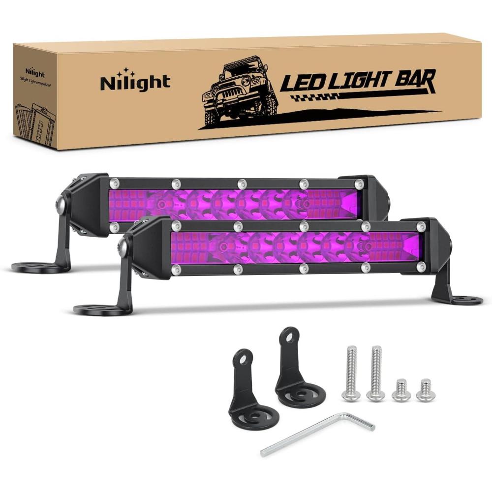 image:imageNilight Slim LED Light Bar 2Pcs 7 Inch 16LED Single Row Spot Flood Combo Blue Off Road Driving Fog Fishing Hunting Emergency Safety Signal Lighting for 12V 24V ATV UTV Pickup Truck Tractor BoatPurple 7Inch 16LED 2Pcs
