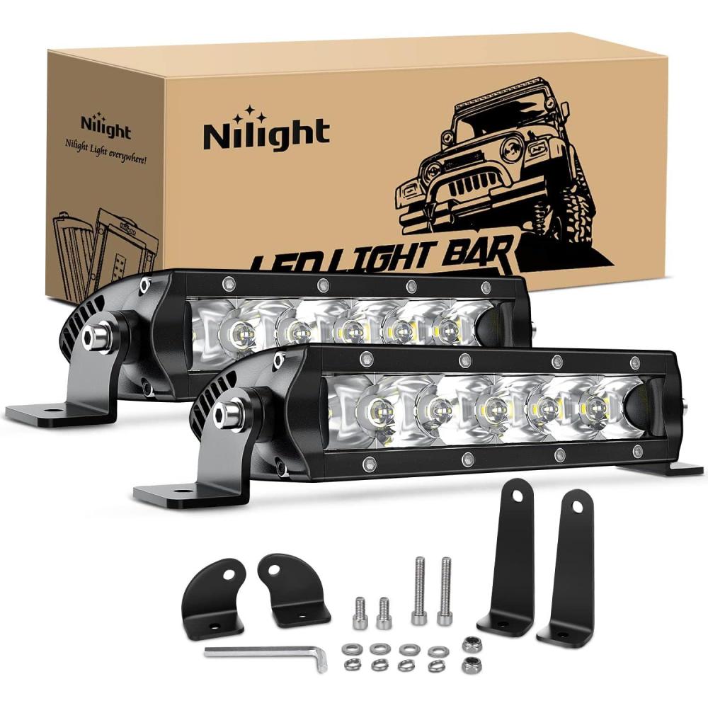 image:imageNilight Slim LED Light Bar 2Pcs 7 Inch 16LED Single Row Spot Flood Combo Blue Off Road Driving Fog Fishing Hunting Emergency Safety Signal Lighting for 12V 24V ATV UTV Pickup Truck Tractor BoatWhite 30W Spot 3600LM
