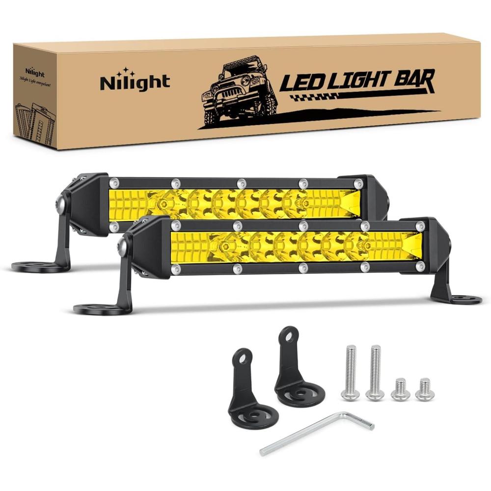 image:imageNilight Slim LED Light Bar 2Pcs 7 Inch 16LED Single Row Spot Flood Combo Blue Off Road Driving Fog Fishing Hunting Emergency Safety Signal Lighting for 12V 24V ATV UTV Pickup Truck Tractor BoatYellow 7Inch 16LED 2Pcs