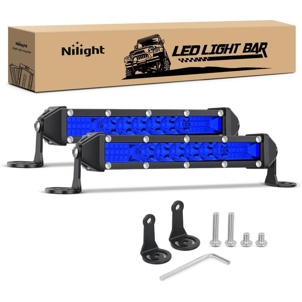 image:imageNilight Slim LED Light Bar 2Pcs 7 Inch 16LED Single Row Spot Flood Combo Blue Off Road Driving Fog Fishing Hunting Emergency Safety Signal Lighting for 12V 24V ATV UTV Pickup Truck Tractor BoatBlue 7Inch 16LED 2Pcs