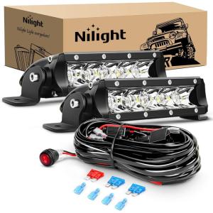Nilight Slim LED Light Bar 2Pcs 7 Inch 16LED Single Row Spot Flood Combo Blue Off Road Driving Fog Fishing Hunting Emergency Safety Signal Lighting for 12V 24V ATV UTV Pickup Truck Tractor Boat(White 30W Spot)