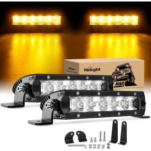 Nilight Slim LED Light Bar 2Pcs 7 Inch 16LED Single Row Spot Flood Combo Blue Off Road Driving Fog Fishing Hunting Emergency Safety Signal Lighting for 12V 24V ATV UTV Pickup Truck Tractor Boat(Amber 30W Spot 3000LM)