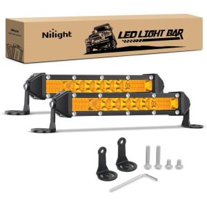 Nilight Slim LED Light Bar 2Pcs 7 Inch 16LED Single Row Spot Flood Combo Blue Off Road Driving Fog Fishing Hunting Emergency Safety Signal Lighting for 12V 24V ATV UTV Pickup Truck Tractor Boat(Amber 7Inch 16LED 2Pcs)