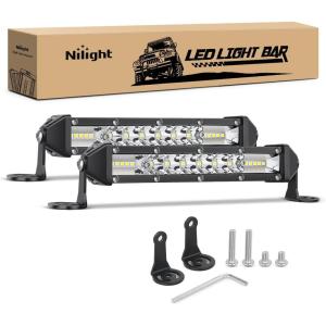 Nilight Slim LED Light Bar 2Pcs 7 Inch 16LED Single Row Spot Flood Combo Blue Off Road Driving Fog Fishing Hunting Emergency Safety Signal Lighting for 12V 24V ATV UTV Pickup Truck Tractor Boat(White Spot Flood Combo)