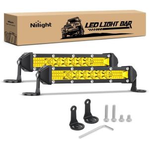 Nilight Slim LED Light Bar 2Pcs 7 Inch 16LED Single Row Spot Flood Combo Blue Off Road Driving Fog Fishing Hunting Emergency Safety Signal Lighting for 12V 24V ATV UTV Pickup Truck Tractor Boat(Yellow 7Inch 16LED 2Pcs)