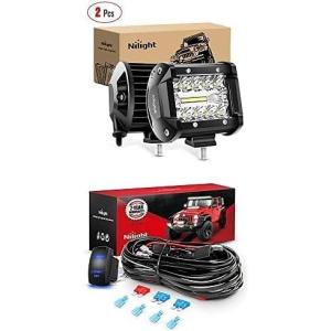 Nilight Led Pods 2PCS 4Inch 60W Spot Flood Combo LED Light Bar Led Off Road Lights with 12V 5Pin Rocker Switch 16AWG Wiring Harness Kit-2 Lead, 2 Years Warranty