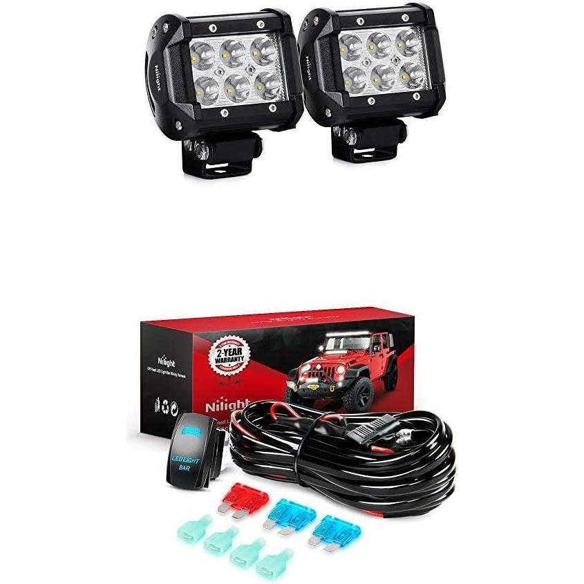 image:imageNilight LED Light Bar 2PCS 18W Spot Led Off Road Lights With 12V 5Pin Rocker Switch 16AWG Wiring Harness Kit2 Lead 2 Years Warranty