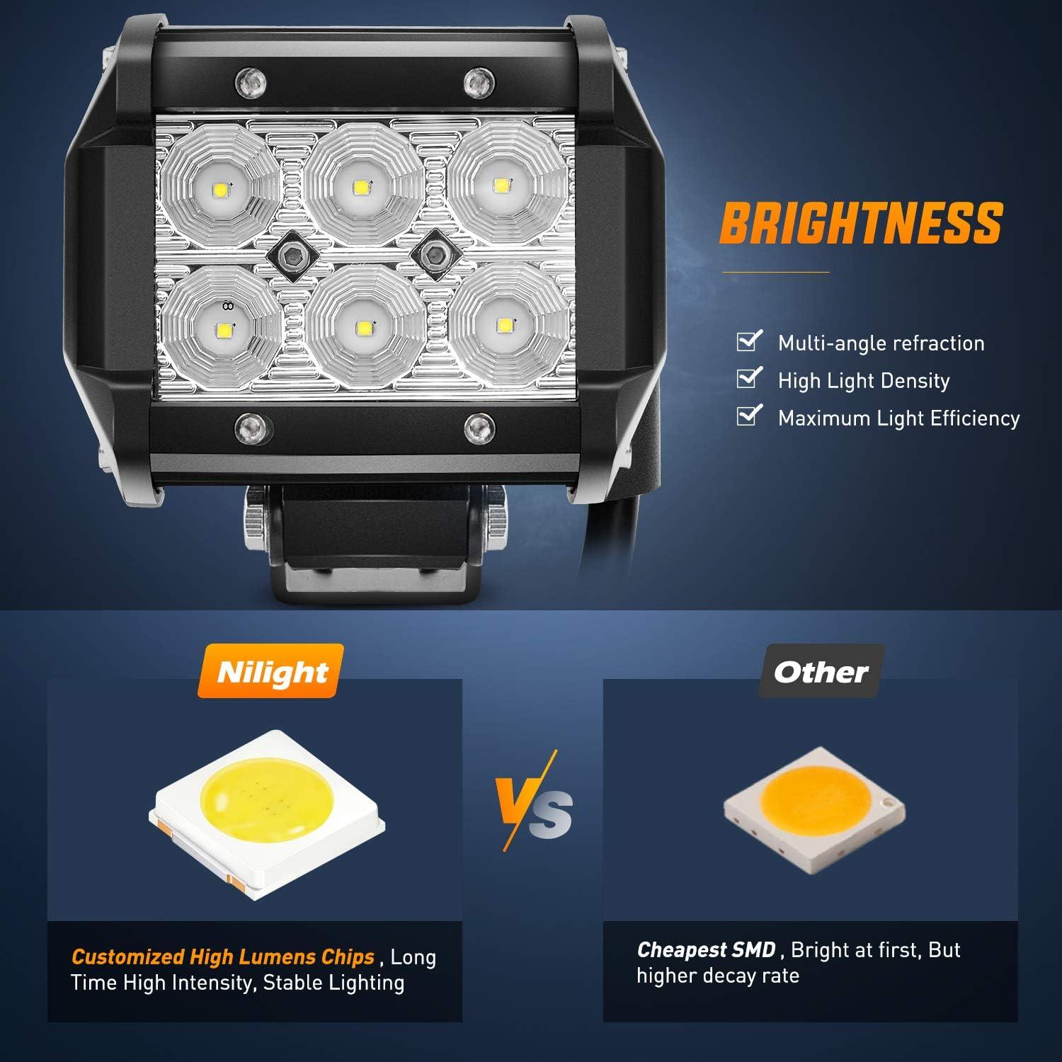 image:imageNilight LED Light Bar 2PCS 18W Flood Led Pods Led Off Road Lights with 12V 16AWG Wiring Harness Kit2 Lead 2 Years Warranty