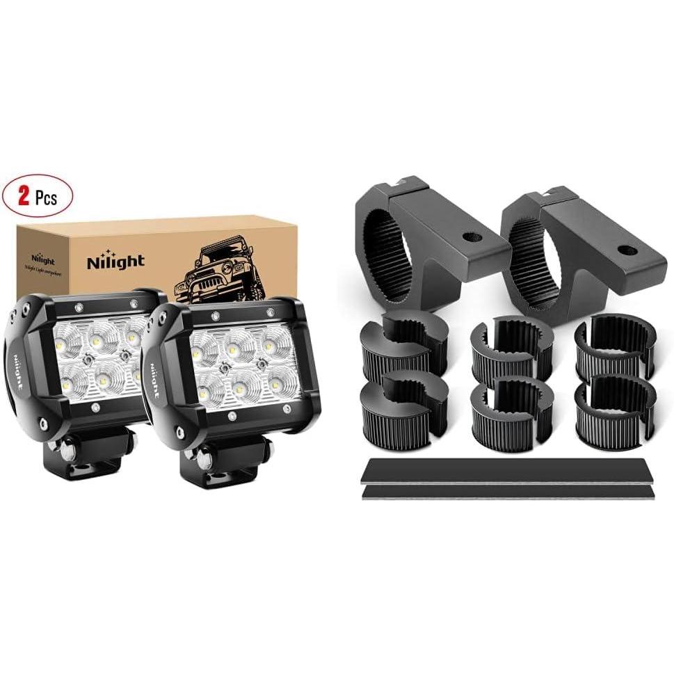 image:imageNilight 2PCS 4 Inch 18W Flood LED Light Bars Off Road Driving Fog Lights With OffRoad Light Mounting Bracket Horizontal Bar Tube Clamp 2 Years Warranty