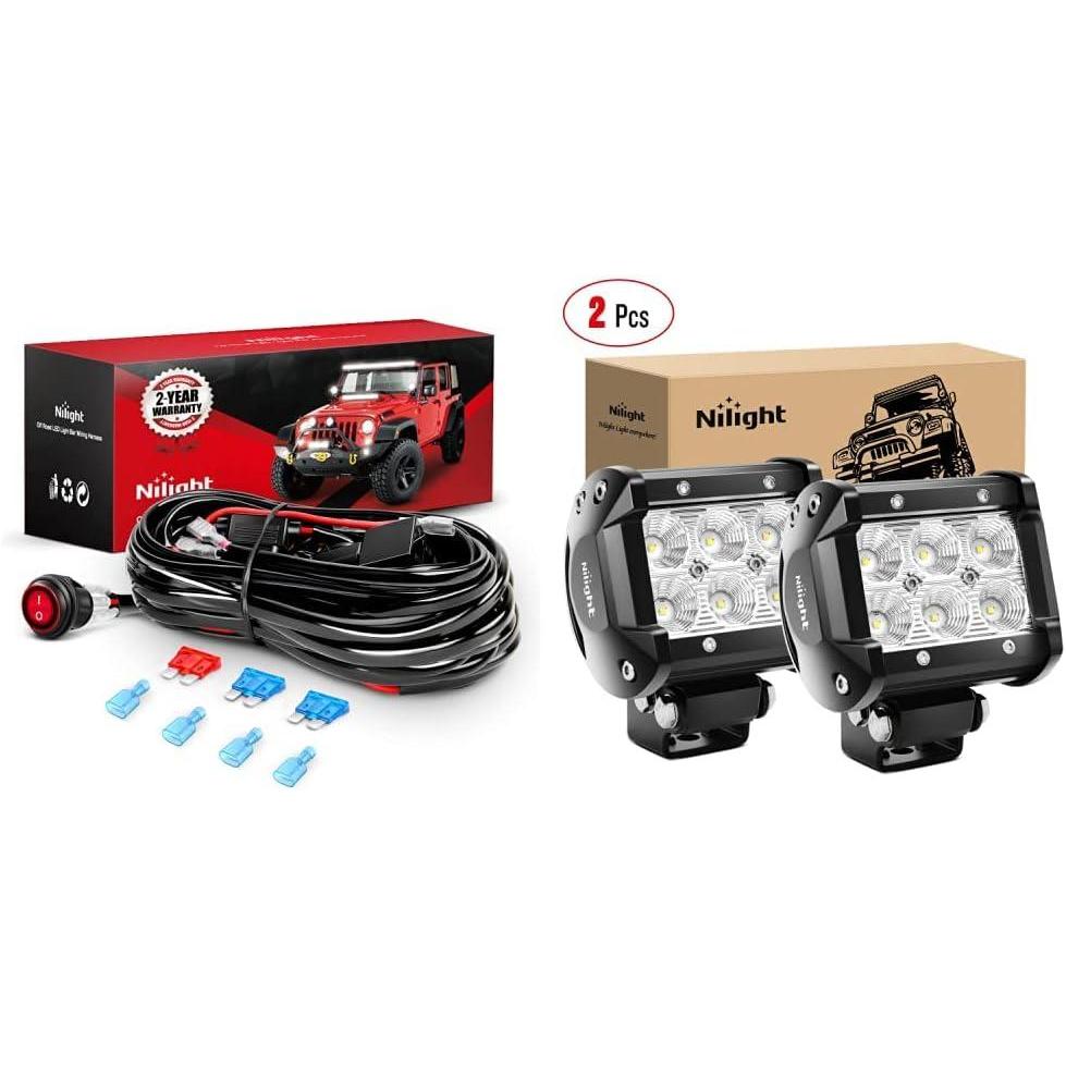 image:imageNilight LED Light Bar 2PCS 18W Flood Led Pods Led Off Road Lights with 12V 16AWG Wiring Harness Kit2 Lead 2 Years Warranty