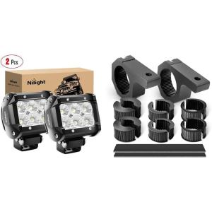 Nilight 2PCS 4 Inch 18W Flood LED Light Bars Off Road Driving Fog Lights With Off-Road Light Mounting Bracket Horizontal Bar Tube Clamp, 2 Years Warranty