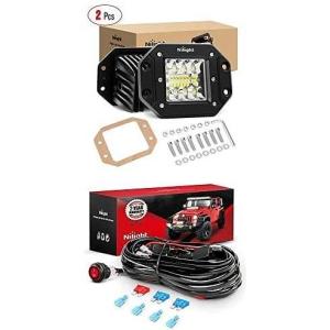 Nilight LED Work Light 2PCS 42W Flush Mount Light Bar Led Off Road Lights With 12V 16AWG Wiring Harness Kit-2 Lead, 2 Years Warranty