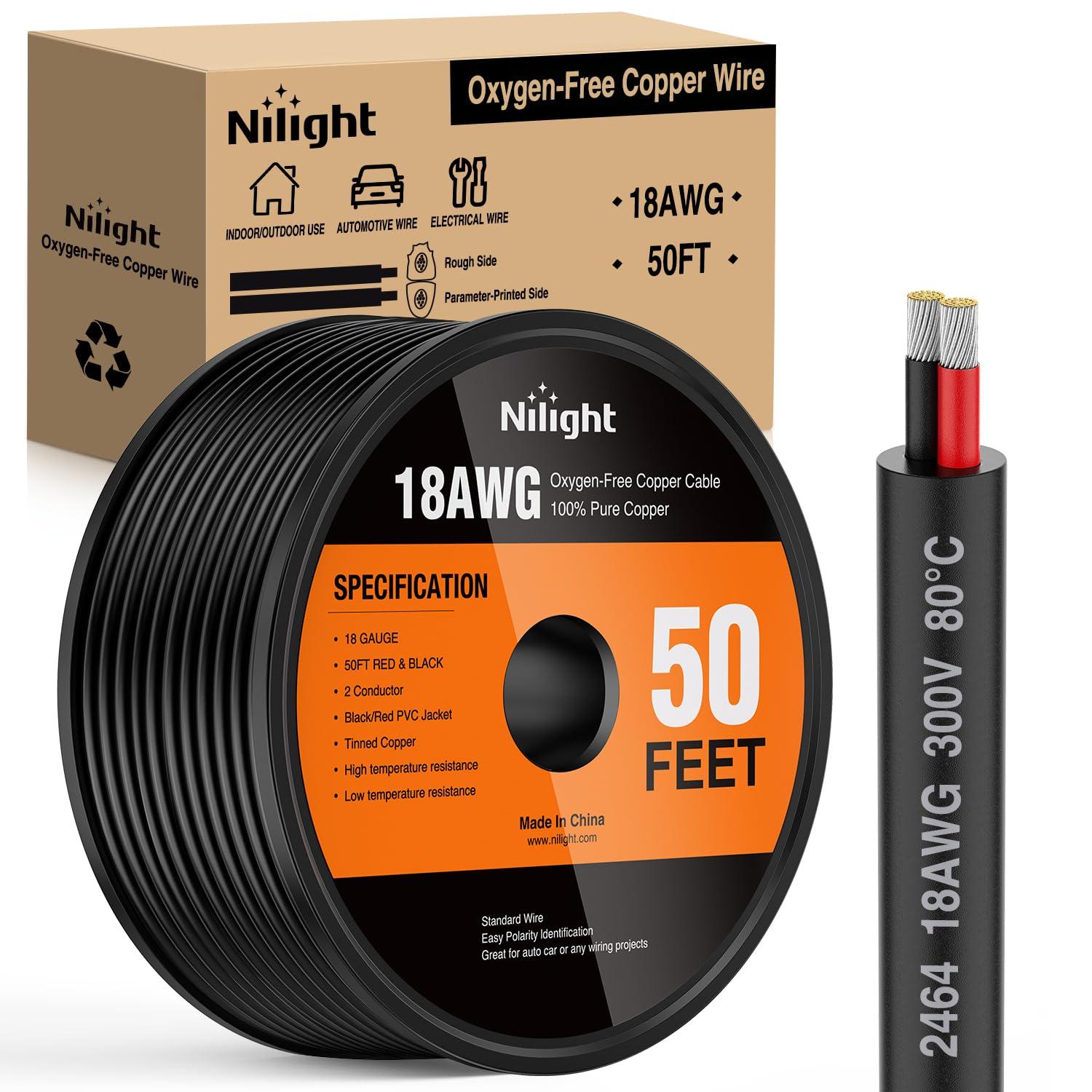 image:imageNilight 50FT 14AWG OxygenFree Copper Wire Red Black Electrical Wire Stranded PVC Cord 2 Conductor Parallel 300V DC Flexible Extension Cords for LED Strips Lamps Lighting2 Conductor