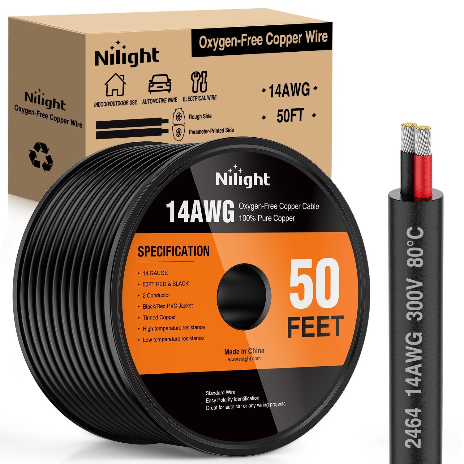 image:imageNilight 50FT 14AWG OxygenFree Copper Wire Red Black Electrical Wire Stranded PVC Cord 2 Conductor Parallel 300V DC Flexible Extension Cords for LED Strips Lamps Lighting2 Conductor