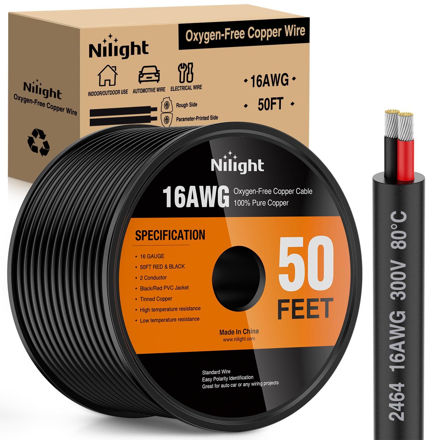 image:imageNilight 50FT 14AWG OxygenFree Copper Wire Red Black Electrical Wire Stranded PVC Cord 2 Conductor Parallel 300V DC Flexible Extension Cords for LED Strips Lamps Lighting2 Conductor