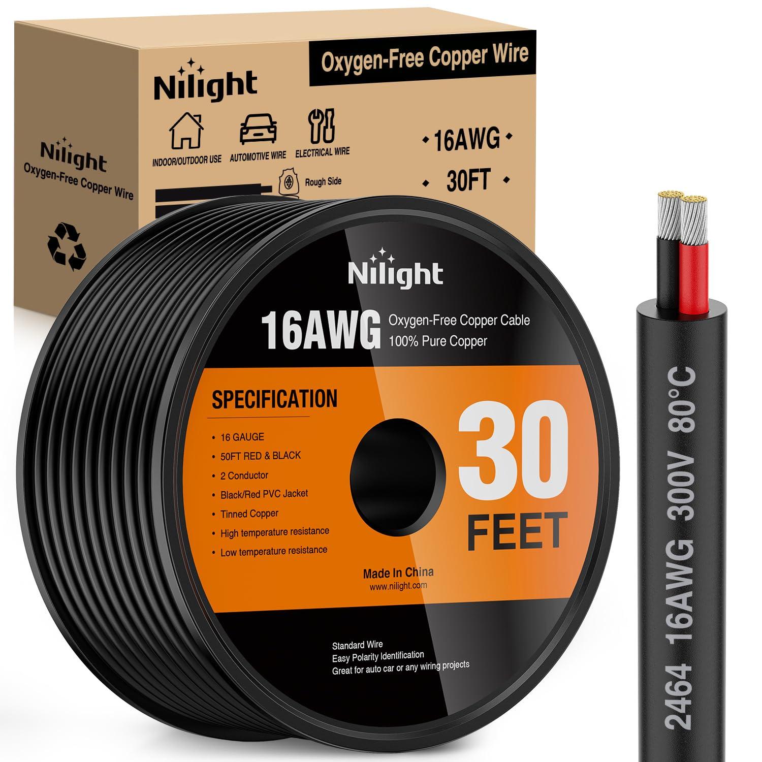 image:imageNilight 50FT 14AWG OxygenFree Copper Wire Red Black Electrical Wire Stranded PVC Cord 2 Conductor Parallel 300V DC Flexible Extension Cords for LED Strips Lamps Lighting2 Conductor