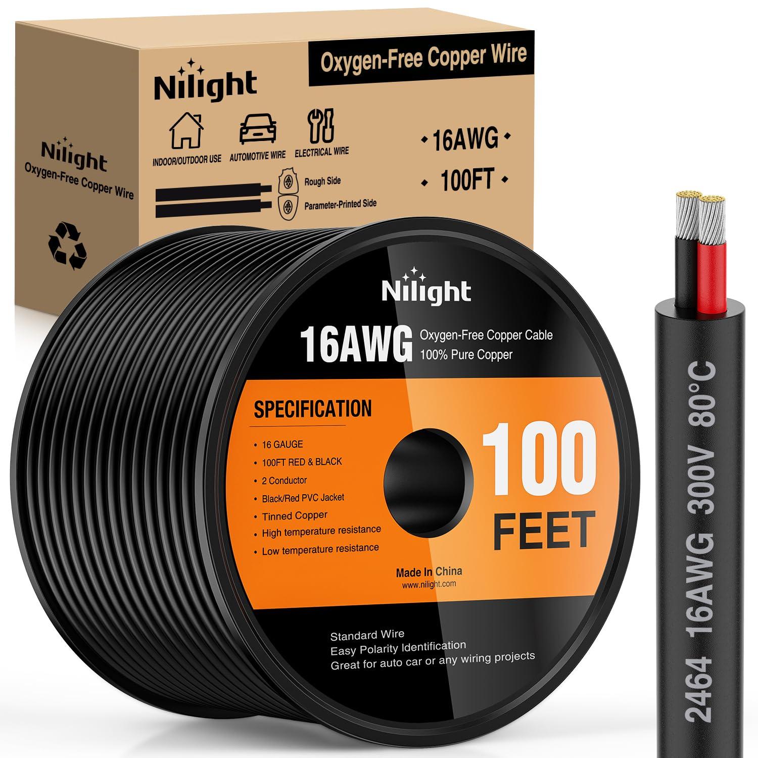 image:imageNilight 50FT 14AWG OxygenFree Copper Wire Red Black Electrical Wire Stranded PVC Cord 2 Conductor Parallel 300V DC Flexible Extension Cords for LED Strips Lamps Lighting2 Conductor