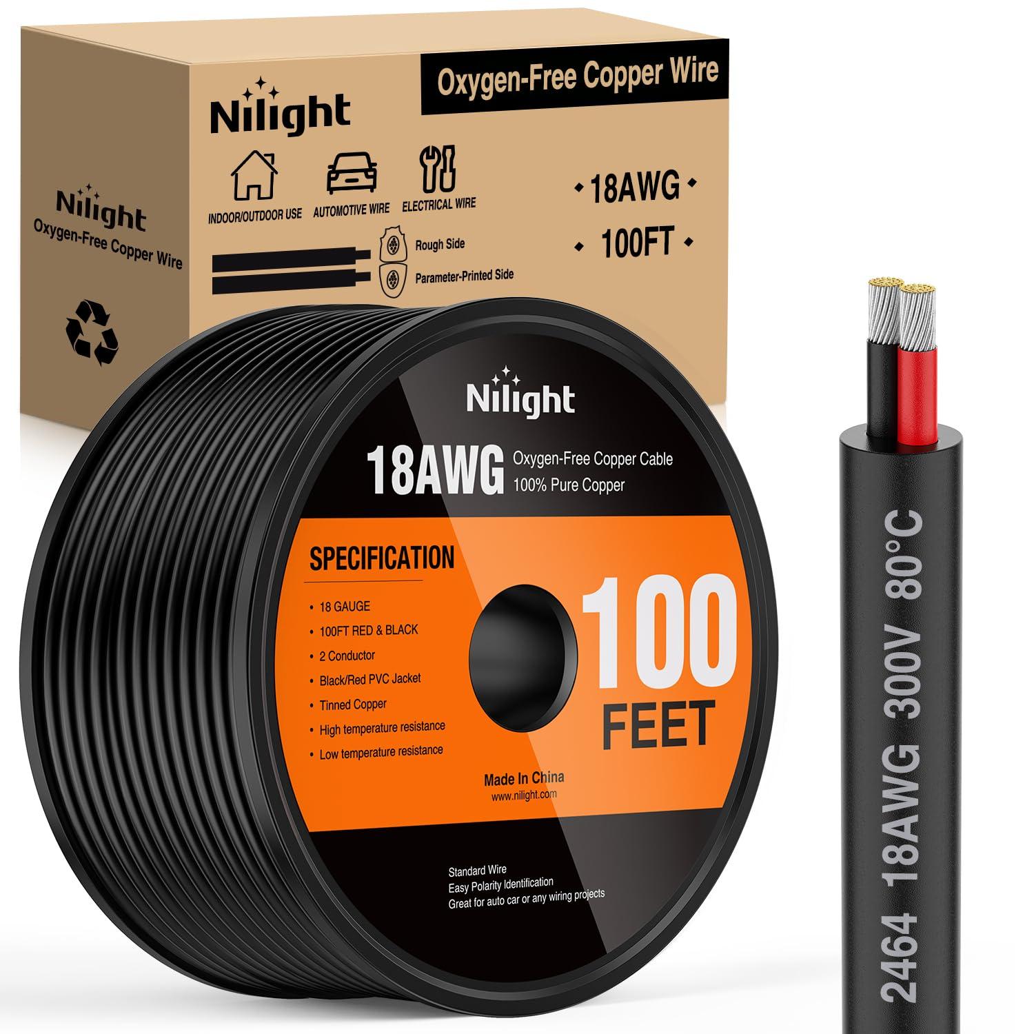image:imageNilight 50FT 14AWG OxygenFree Copper Wire Red Black Electrical Wire Stranded PVC Cord 2 Conductor Parallel 300V DC Flexible Extension Cords for LED Strips Lamps Lighting2 Conductor
