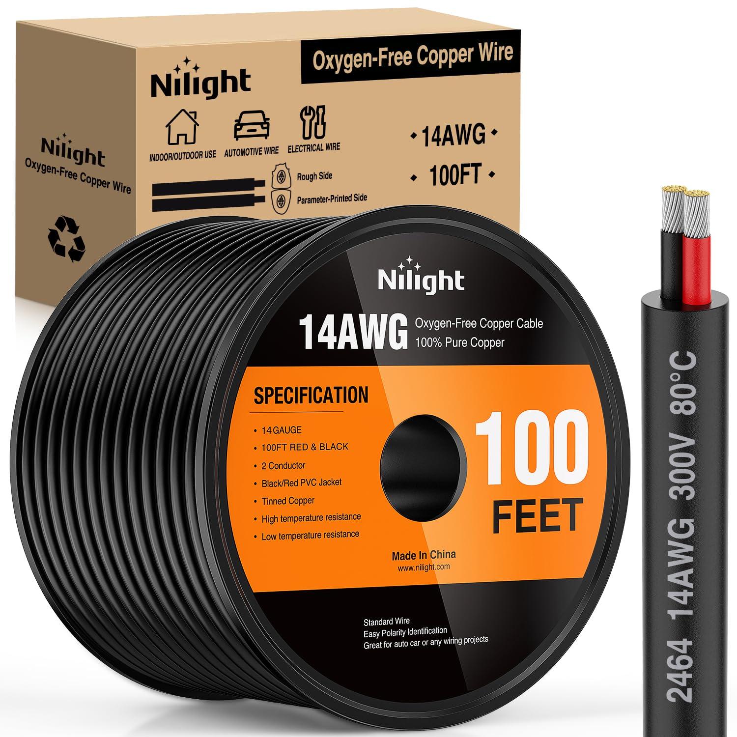 image:imageNilight 50FT 14AWG OxygenFree Copper Wire Red Black Electrical Wire Stranded PVC Cord 2 Conductor Parallel 300V DC Flexible Extension Cords for LED Strips Lamps Lighting2 Conductor