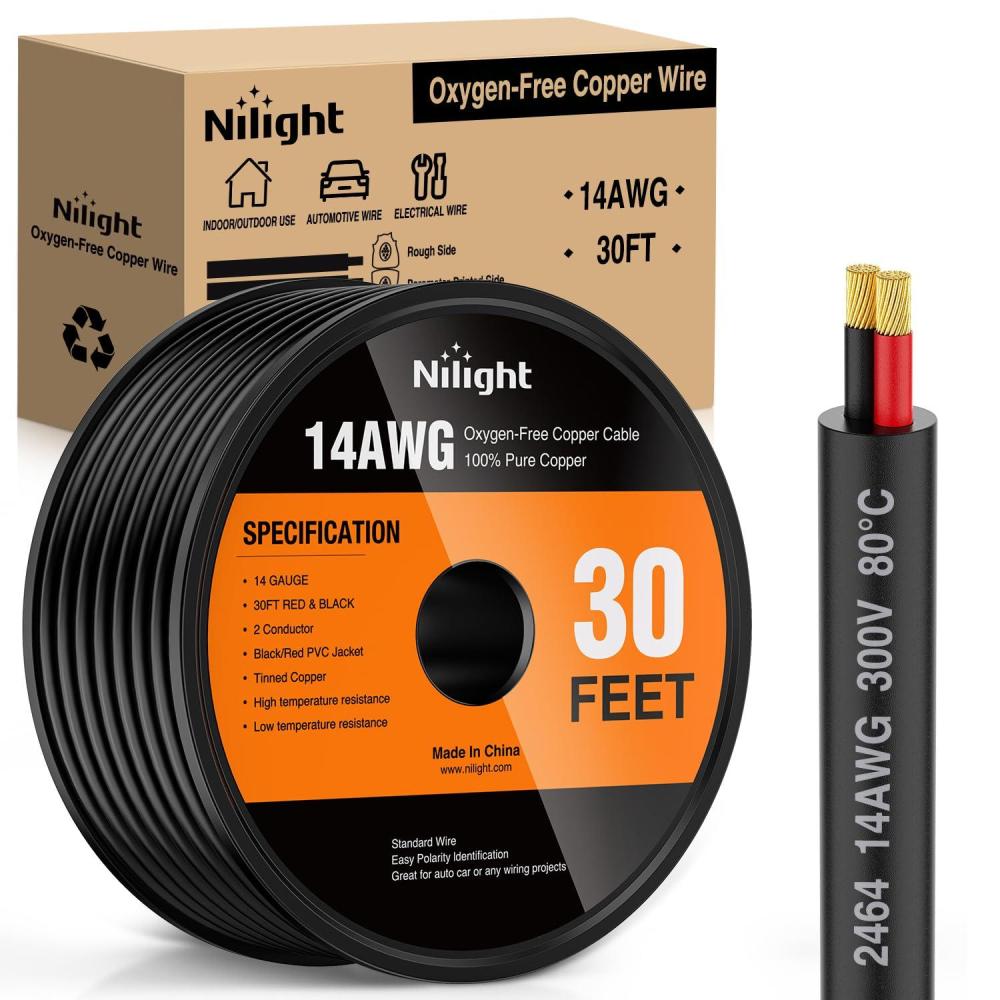 image:imageNilight 50FT 14AWG OxygenFree Copper Wire Red Black Electrical Wire Stranded PVC Cord 2 Conductor Parallel 300V DC Flexible Extension Cords for LED Strips Lamps Lighting2 Conductor