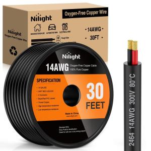 Nilight 50FT 14AWG Oxygen-Free Copper Wire Red Black Electrical Wire Stranded PVC Cord 2 Conductor Parallel 300V DC Flexible Extension Cords for LED Strips Lamps Lighting(2 Conductor)