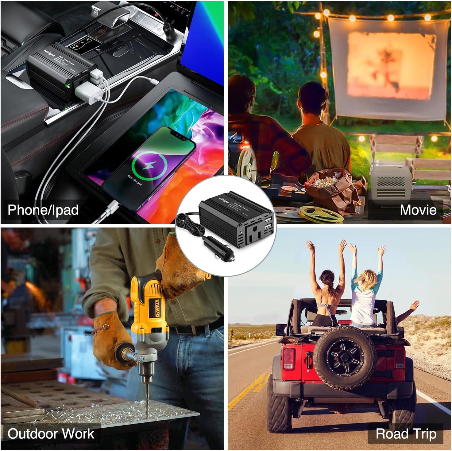image:imageNilight 10028W 2 Pack Cigarette Lighter Male Plug with Leads 10Amp Fuse with LED Light Car Replacement Cigar Male Socket Plug Extension Cable150W USB2 110V Outlet