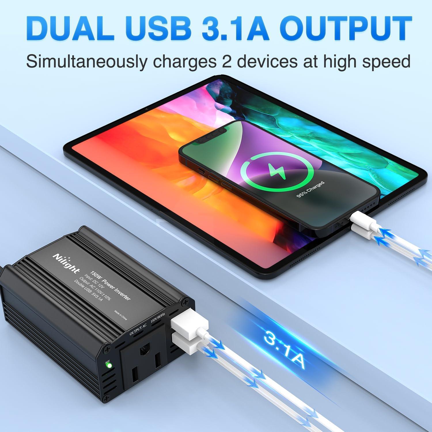 image:imageNilight 10028W 2 Pack Cigarette Lighter Male Plug with Leads 10Amp Fuse with LED Light Car Replacement Cigar Male Socket Plug Extension Cable150W USB2 110V Outlet