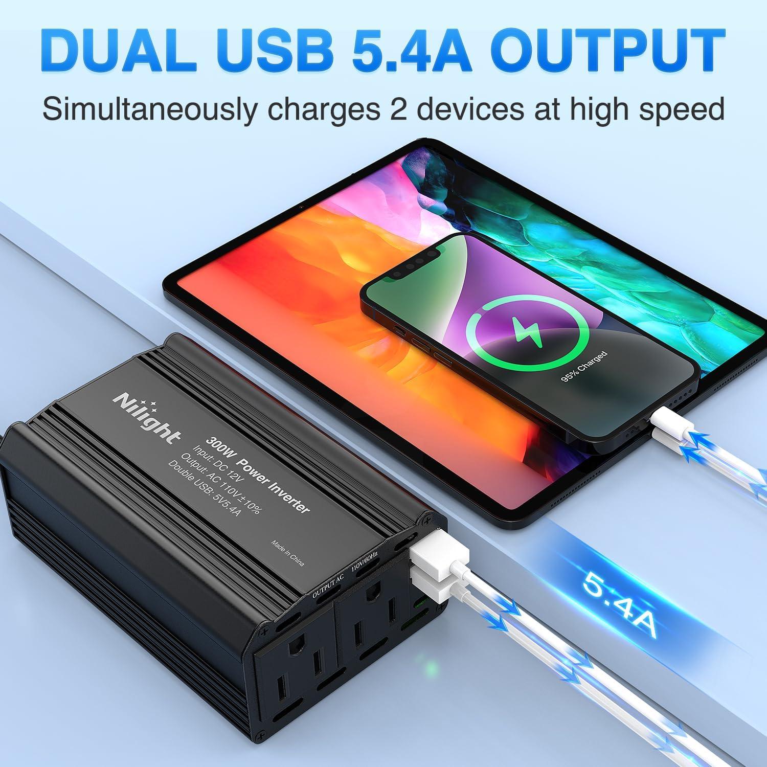 image:imageNilight 10028W 2 Pack Cigarette Lighter Male Plug with Leads 10Amp Fuse with LED Light Car Replacement Cigar Male Socket Plug Extension Cable300W USB2 110V Outlet2