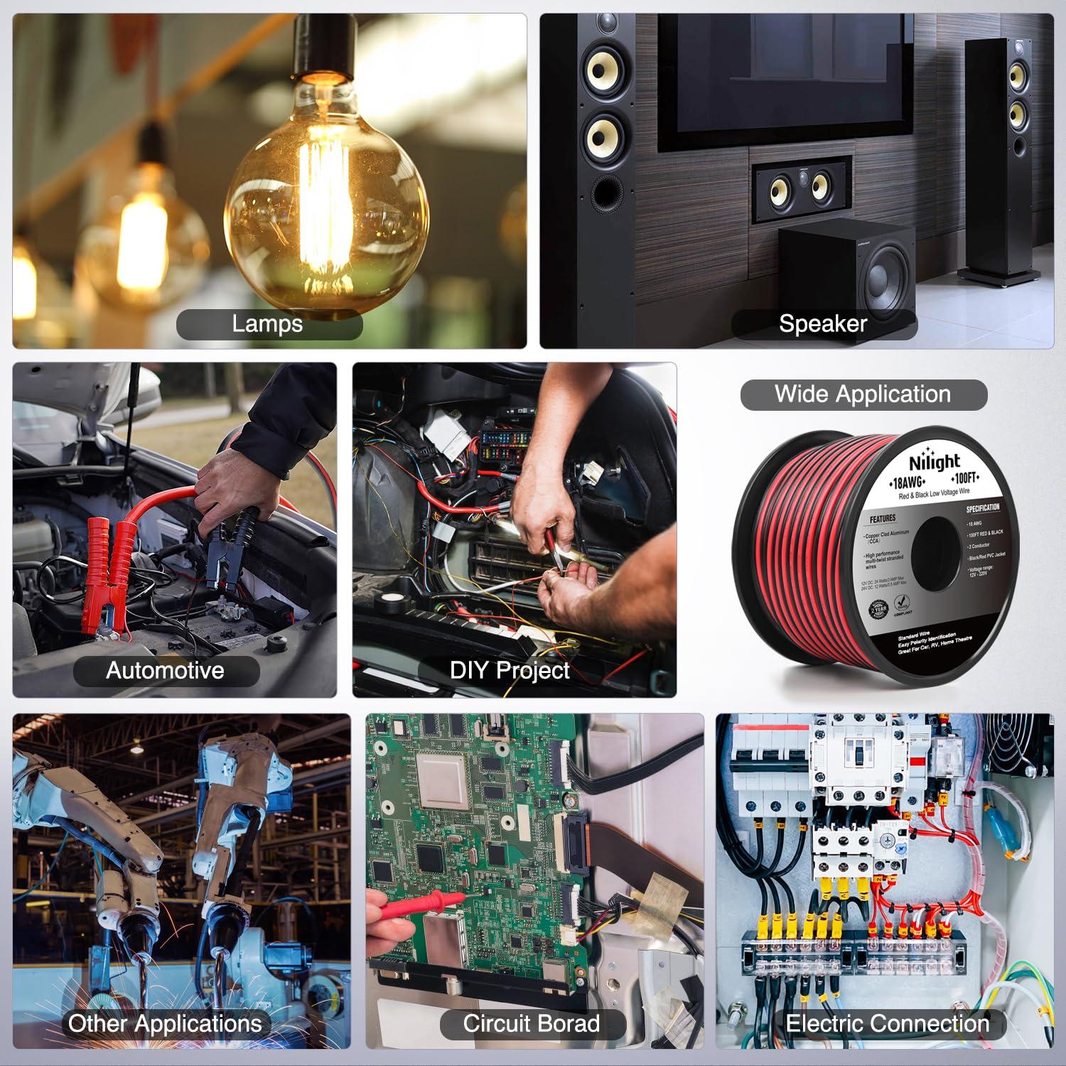 image:imageNilight 100FT 12AWG Copper Clad Aluminum Wire 122 Gauge Red Black CCA Electrical Cable 2 Conductor Parallel 12V24V DC Flexible Extension Cords for Car Audio Radio Speaker Amplifier18AWG100FT