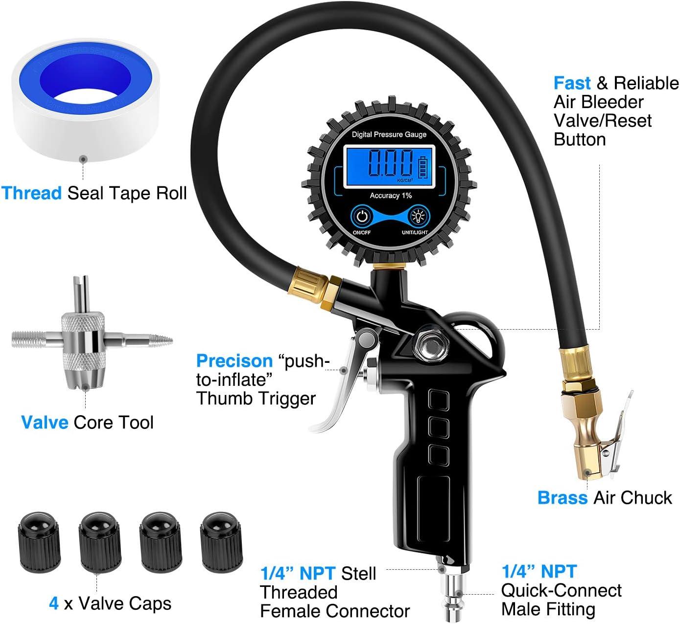 image:imageNilight Digital Tire Pressure Gauge Medium 250 PSI Air Chuck and Compressor Accessories Heavy Duty with Rubber Hose and Quick Connect Coupler for 01 Display Resolution