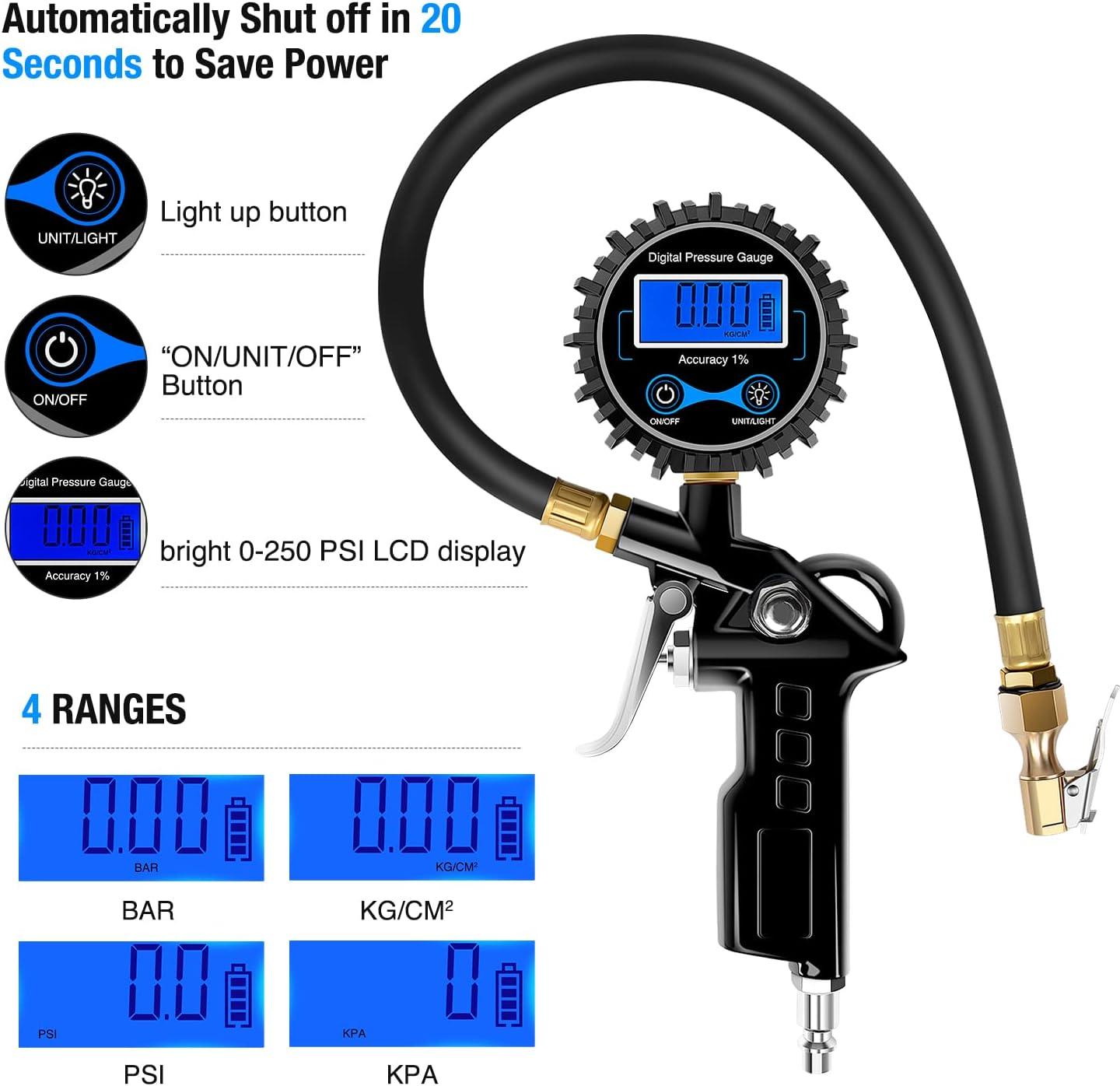 image:imageNilight Digital Tire Pressure Gauge Medium 250 PSI Air Chuck and Compressor Accessories Heavy Duty with Rubber Hose and Quick Connect Coupler for 01 Display Resolution